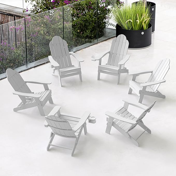 LUE BONA HDPS Folding Adirondack Chair Set of 6, 350lbs Capacity Heavy Duty Outdoor Chair for Patio Balcony Deck, One-Step Space-Saving Folding, Weatherproof Realistic Wood Grain Fire Pit Chair, White