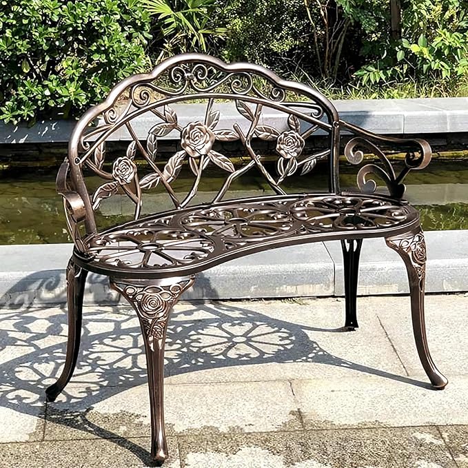 JOYBASE Outdoor Patio Bench - Cast Iron & Aluminum Garden Bench, Bronze Finish
