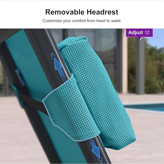 PURPLE LEAF Outdoor Lounge Chair Set Patio Chaise Pool Lounger Aluminum Frame with 2 Side Table and Wheels for Outside Sunbathing Tanning Recliner Including Pillows Turquoise Blue