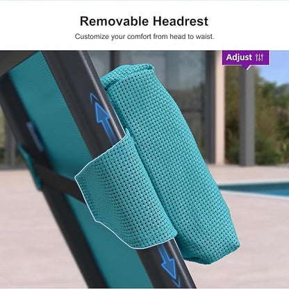 PURPLE LEAF Outdoor Lounge Chair Set Patio Chaise Pool Lounger Aluminum Frame with 2 Side Table and Wheels for Outside Sunbathing Tanning Recliner Including Pillows Turquoise Blue