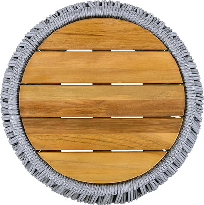 Merax Bohemian Round Outdoor Side Table with Acacia Wood Top and Grey Handwoven Rope Base, Boho Patio Coffee Table for Garden, Pool, Deck, Balcony, Yard