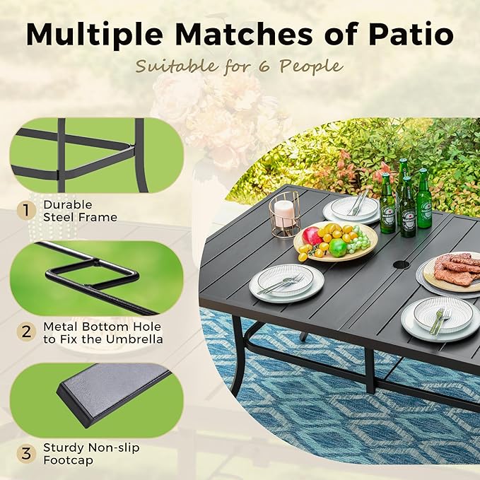 Outdoor Patio Dining Table for 6, 60" x 35" Rectangular Metal Patio Dining Table with Umbrella Hole for Garden - Photo 5