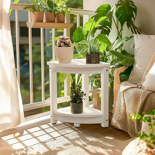 VINGLI Outdoor Side Table, HDPE Space-Saving Patio Side Table Corner Table Shower Bench, Waterproof 2-Tier Patio End Tables for Balcony Garden Deck (White)