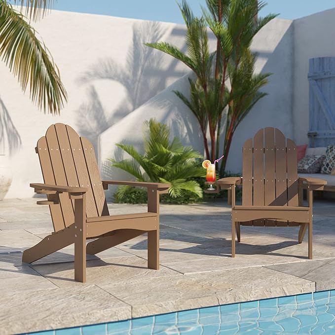 LUE BONA HDPS Adirondack Chairs, 1 Chair, Long-Lasting All-Season Outdoor Patio, Hidden Cup Holder, 350 LBS, Brown - Photo 2