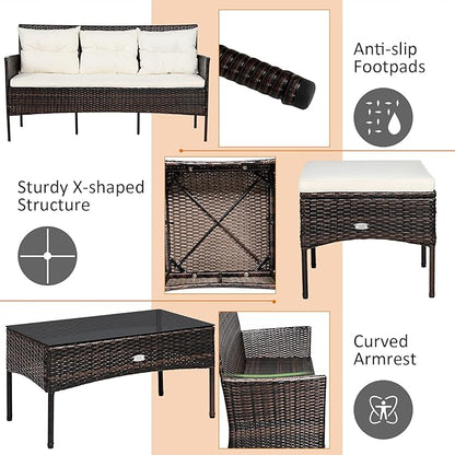 Tangkula 3 Pieces Patio Conversation Set, Outdoor PE Rattan Wicker Furniture Set W/Cozy Cushions, All Weather Sectional Sofa Set W/Tempered Glass Coffee Table for Poolside, Backyard, Garden