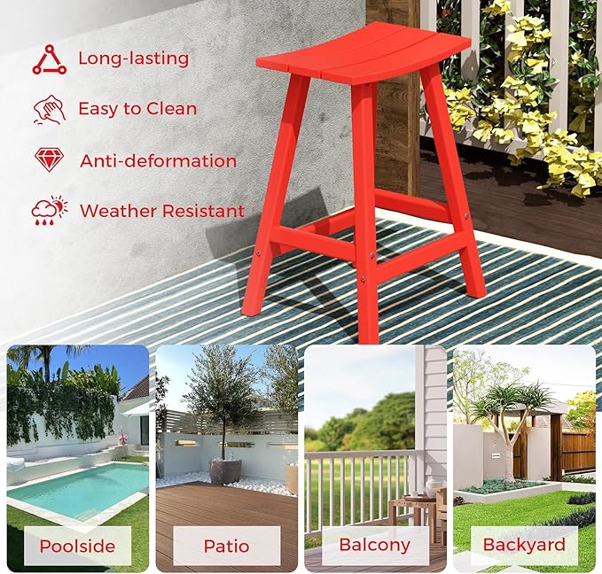Costaelm All-Weather Bar Stools Set of 3, 24" Height Outdoor Bar Stools, Adirondack Poly Patio Bar Stool for Patio, Deck, Kitchen Counter and Garden, Red