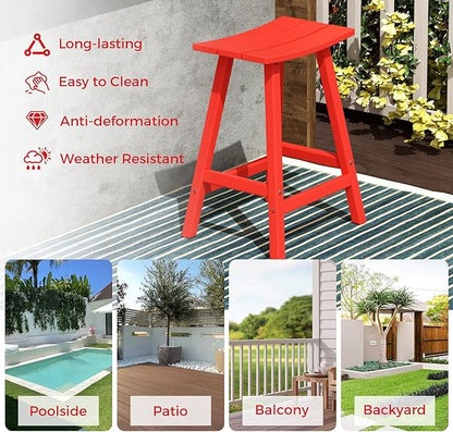 Costaelm All-Weather Bar Stools Set of 3, 24" Height Outdoor Bar Stools, Adirondack Poly Patio Bar Stool for Patio, Deck, Kitchen Counter and Garden, Red