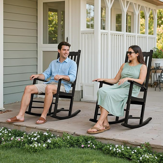 Flamaker Acacia Wood Patio Rocking Chair Set of 2, High Back and Widen Armrest for Adults, Solid Wood Porch Rocking Chair for Lawn, Garden, Backyard (Black)