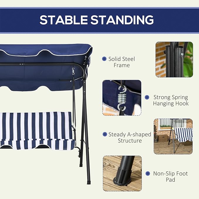 Outsunny 3-Seat Outdoor Patio Swing Chair with Removable Cushion, Steel Frame Stand and Adjustable Tilt Canopy for Patio - Photo 4