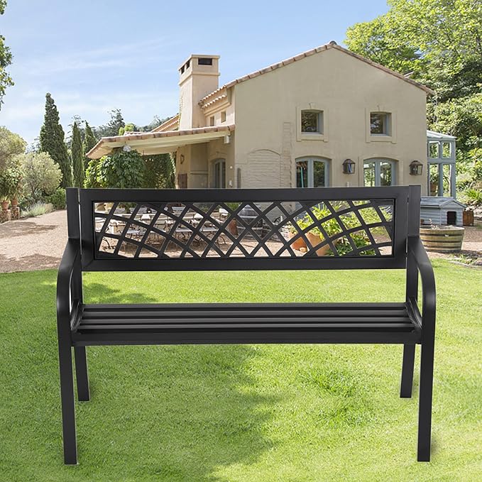 PayLessHere Garden Bench Outdoor Metal Park Benches Cast-Iron Patio Bench with Mesh Pattern Plastic Backrest Armrests for Patio Park Lawn Yard,Black