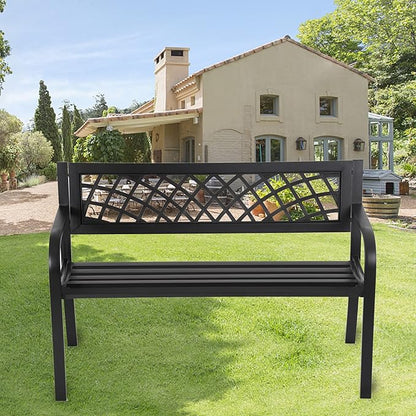 PayLessHere Garden Bench Outdoor Metal Park Benches Cast-Iron Patio Bench with Mesh Pattern Plastic Backrest Armrests for Patio Park Lawn Yard,Black