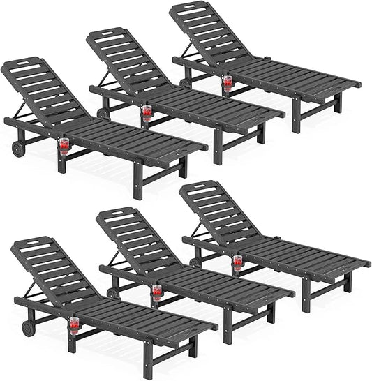 SERWALL Outdoor Chaise Lounge Set of 6, HDPE Pool Lounge Chair with 5-Position Adjustable Backrest, Patio Lounger with Rolling Wheels & Cup Holder for Pool, Grey