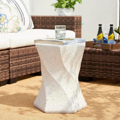 Glitzhome Outdoor Side Table, 17.75" H Decorative Garden Stool MGO Twist Faux Terrazzo End Table, Round Planter Stand for Indoor Outdoor Living Room Bedroom Patio Deck Poolside, White