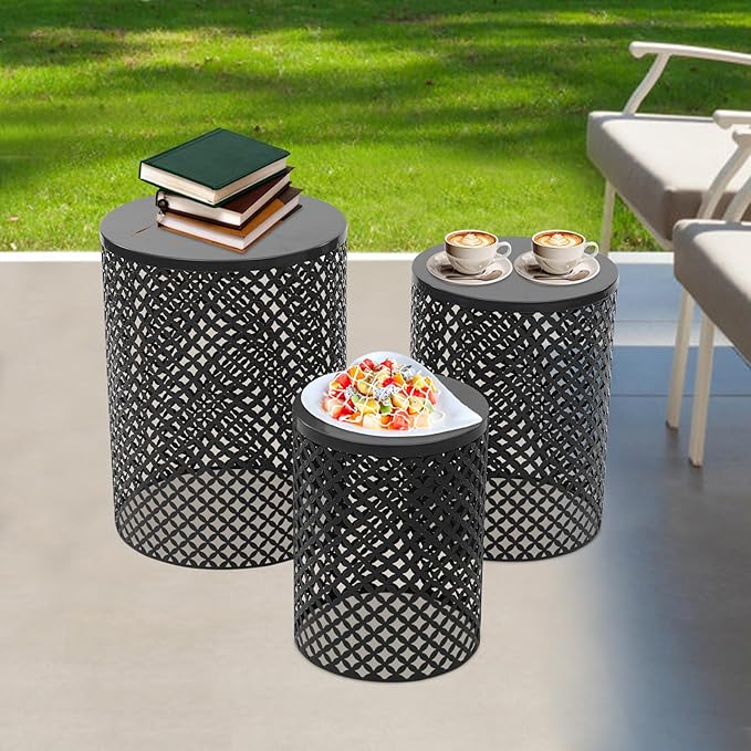 Outdoor Patio Coffee Table Set of 3, Metal Frame Accent Table, Coffee End Tables, Decorative Garden, for Gardens - Photo 5