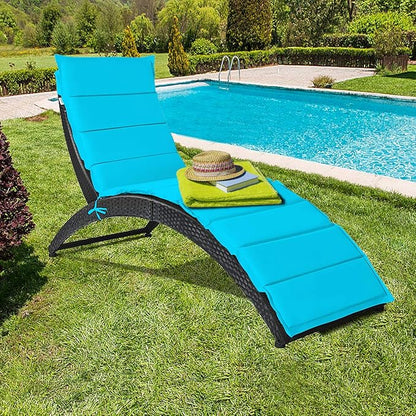 Tangkula Foldable Patio Lounge Chair, Outdoor Rattan Lounger Chaise, Portable Patio Chaise with Cushion, All-Weather Wicker Furniture for Garden Lawn Balcony Backyard Poolside (2, Turquoise)