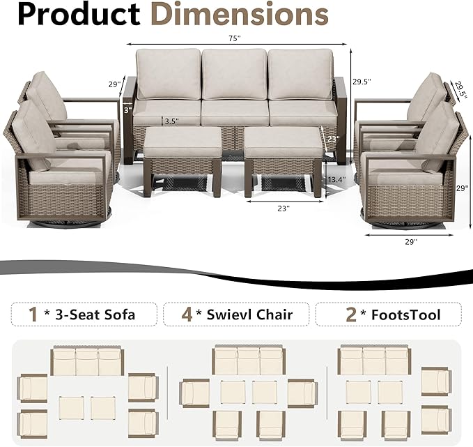 Outdoor Patio Furniture Set, 7 Piece Wicker Patio Conversation with Deep Seating, Thicken Cushions - Photo 2