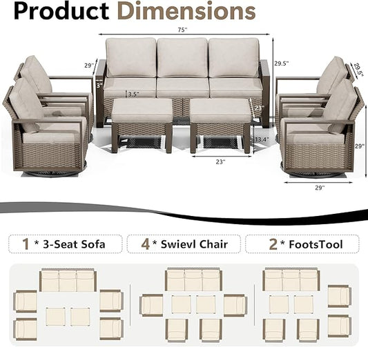 Outdoor Patio Furniture Set, 7 Piece Wicker Patio Conversation with Deep Seating, Thicken Cushions, Outdoor Swivel Rocker Patio Chairs, Metal Outdoor Furniture for Deck, Porch, Yard Use