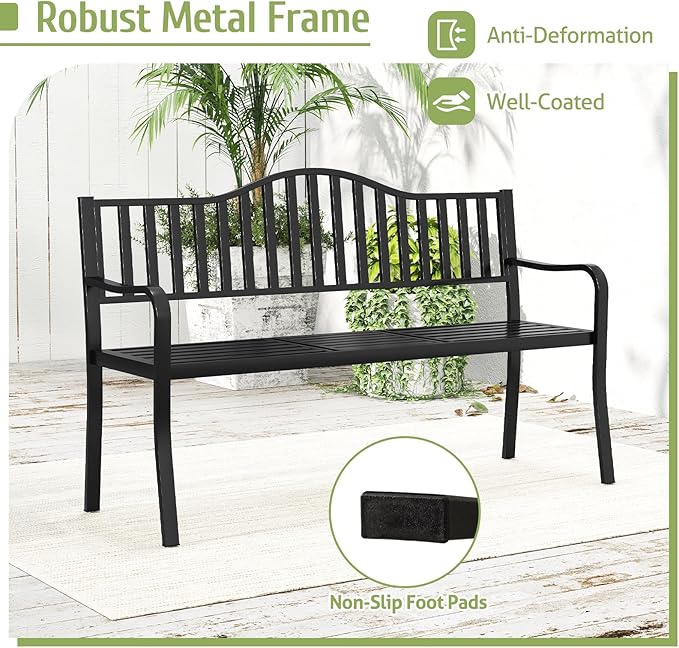 Tangkula 60” Metal Outdoor Garden Park Bench, Heavy-Duty Patio Loveseat Armchair with Pull-Out Center Table, 2-3 Person Park-Style Chair for Backyard, Garden, Balcony, 660 lbs Max Load