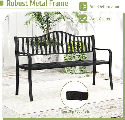Tangkula 60” Metal Outdoor Garden Park Bench, Heavy-Duty Patio Loveseat Armchair with Pull-Out Center Table, 2-3 Person Park-Style Chair for Backyard, Garden, Balcony, 660 lbs Max Load