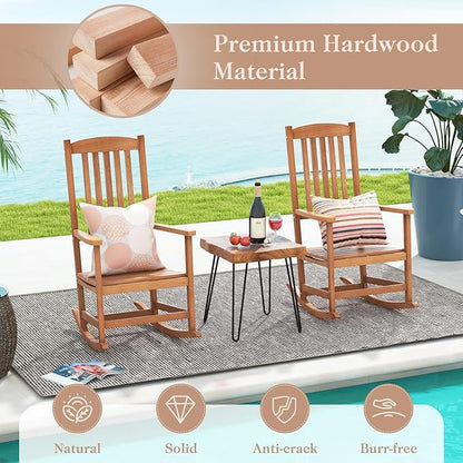 Giantex Outdoor Rocking Chair, High Back Patio Rocker w/Armrests, Hardwood Lounge Rocking Chair with Smooth Rocking Base & Slatted Design, Wood Porch Rocker for Backyard, Poolside (1, Natural)