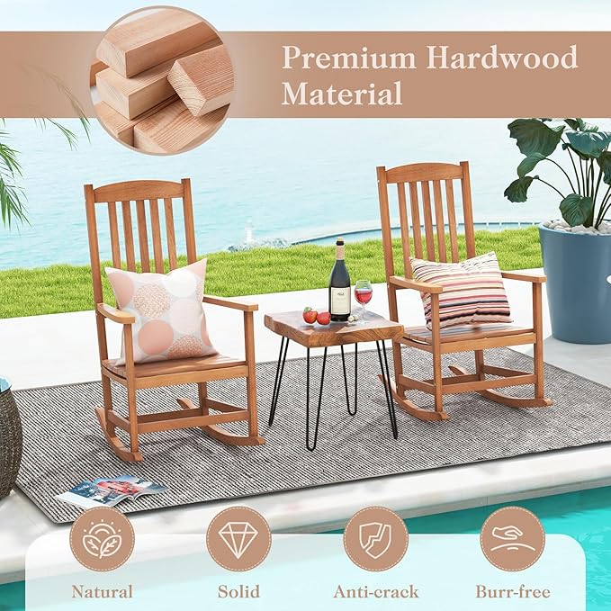 Porch Rocking Chairs Set of 2, Ergonomic High-Back Outdoor Rocker with Armrests, Rocking Base & Slatted Design, Wood Rocking Chair for Patio, Backyard, Lawn, Deck & Poolside