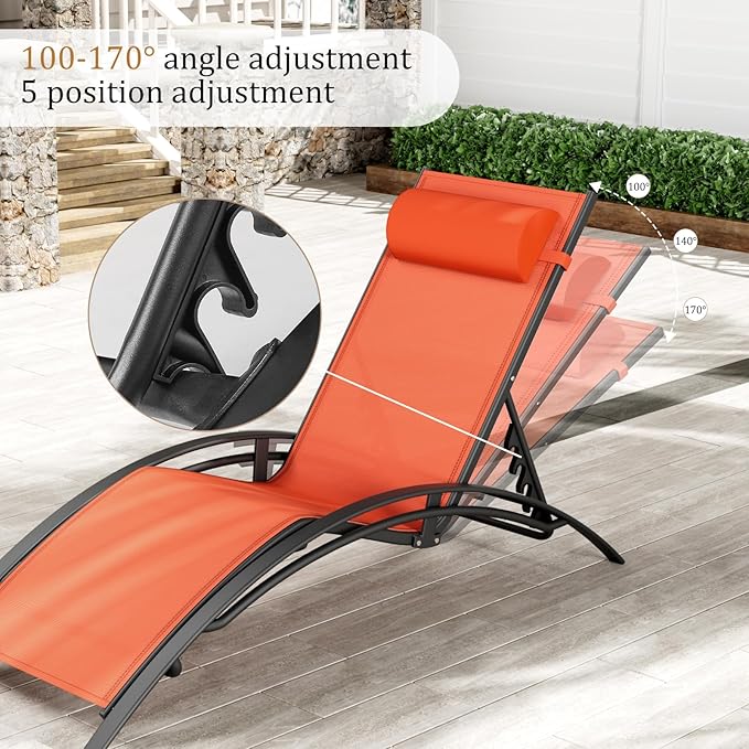 AthLike 3 pcs Poolchairs Patio Chaise Lounge Set with Headrest, 5-Level Adjustable Sunbathing Tanning Poolside Lounger Recliner Chairs with Side Table for Outdoor Beach (Orange, 4Chairs and 2Tables)