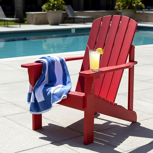 Shine Company Mid-Century Modern Wooden Adirondack Chair, Outdoor Patio Firepit Chairs, Back & Seat Pre-Assembled, Chili Red