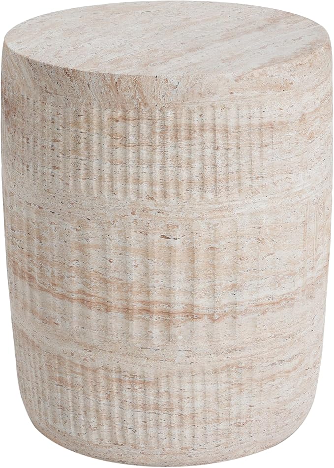 Merax Outdoor Lightweight Concrete Side Table 15" Dx18.5 H Cylinder Round Travertine Indoor Accent Table Weather Resistant End Table for Patio, No Assembly Required, Beige
