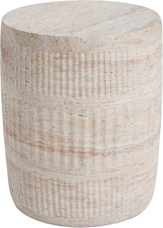 Merax Outdoor Lightweight Concrete Side Table 15" Dx18.5 H Cylinder Round Travertine Indoor Accent Table Weather Resistant End Table for Patio, No Assembly Required, Beige
