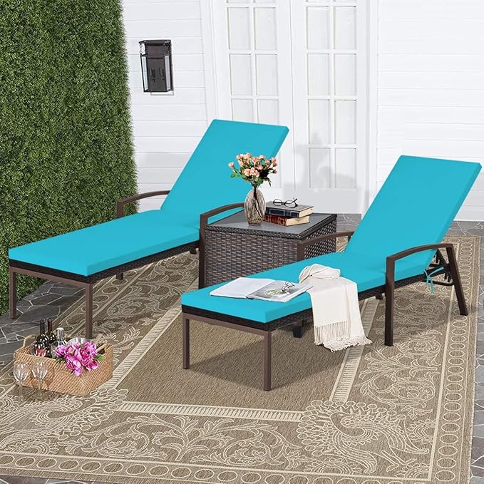 DORTALA Set of 2 Patio Chaise Lounge, Outdoor Wicker Rattan Chaise with Adjustable Backrest and Armrest for Beach Pool Yard, Rattan Sun Lounger with Padded Cushion, Turquoise