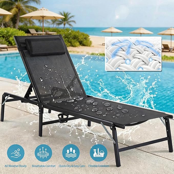 Foldable Outdoor Lounge Chairs Set of 4, No Assembly Chaise Lounge Outdoor with Cup Holder and 6 Adjustable Positions - Photo 5