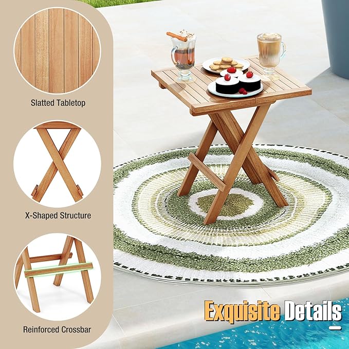 Tangkula Patio Folding Side Table, Teak Wood Square Patio Table with X-Shaped Legs & Slatted Tabletop - Photo 8