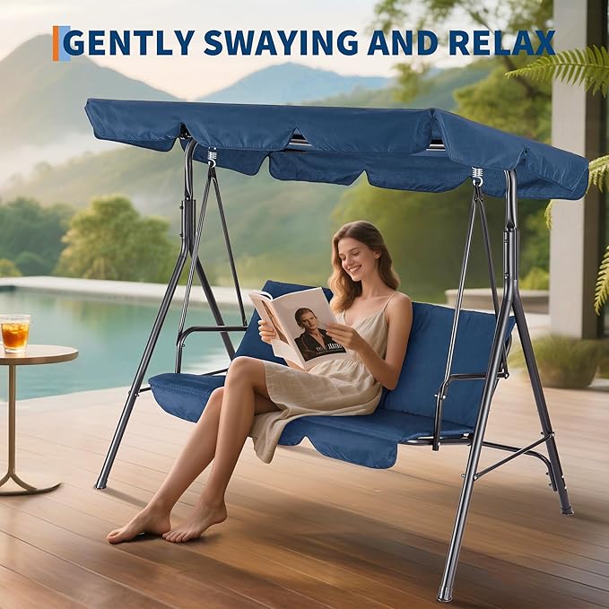 Porch Swing Chair with Adjustable Canopy for Adults 3-Seat Patio Glider Bench with Thick Cushions Steel Frame Outdoor Swing Chair for Backyard Lawn Garden Blue