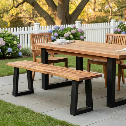 Tangkula Acacia Wood Outdoor Bench, Heavy Duty 2 Person Patio Backless Dining Bench with Metal Frame & Adjustable Foot Pads, Outside Bench for Poolside, Front Porch, Deck (1)