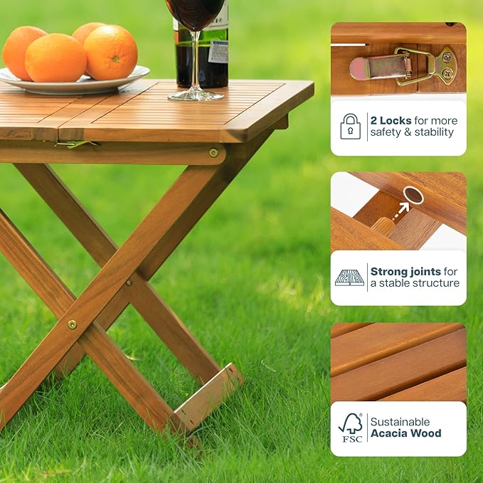 Idzo Mira Acacia Wood Folding Bistro Side Table Outdoor, 19.5 Inch x 19.5 Inch, Heavy Duty 200 Lbs Capacity Loading - Photo 3