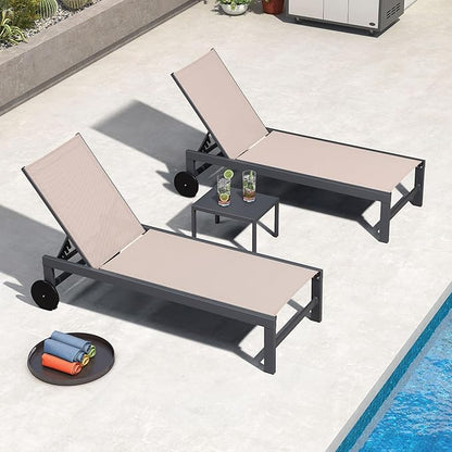 PURPLE LEAF Patio Lounge Chair Set for 2 Outdoor Chaise Lounge with Adjustable Backrests and Easy-to-Move Wheels Aluminum Reclining Pool Chair for Outside Yard Poolside Table Included, Sand Beige