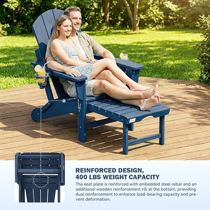 Mdeam 3-Level Adjustable Adirondack Chair with Retractable Ottoman, HDPE All-Weather Folding Fire Pit Chair with 2 Cup Holders, Outdoor Chair for Deck Patio Garden Backyard Lawn (Navy Blue)