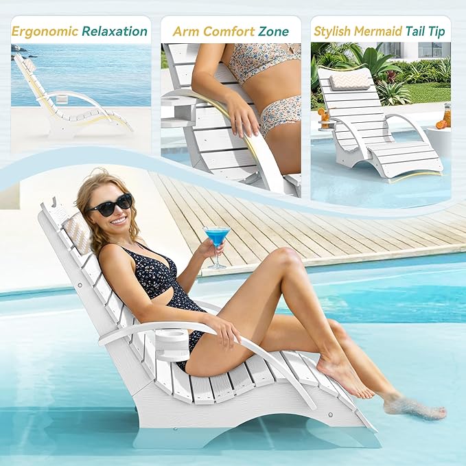 Pool Lounge Chairs Set of 4, Shallow Water 8-10 Inches Deep, HDPS Fade Resistant Pool Tanning Chair with Armrest, Cup Holder, Headrest, 330lbs Capacity, Outdoor Beach Deck Sun Lounger, White