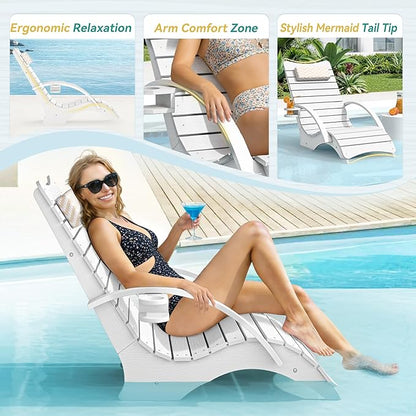 Pool Lounge Chairs, Shallow Water 8-10 Inches Deep, HDPS Fade Resistant Pool Tanning Chair with Armrest, Cup Holder, Headrest, 330lbs Capacity, Outdoor Beach Patio Deck Sun Lounger, White