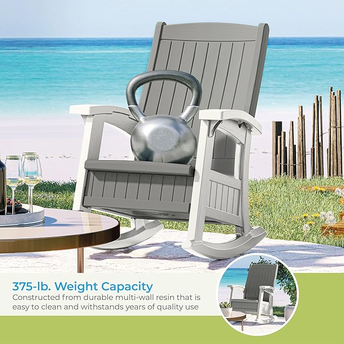 Suncast Outdoor Patio Rocking Chair with Under-Seat Storage, Stylish Faux Wood Outdoor Rocker for Patios, Dove Gray and Ice Cube, Made in The USA