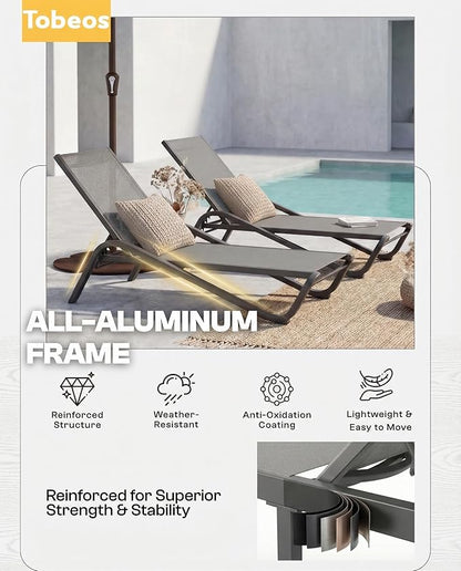Outdoor Chaise Lounge Chair Set of 2, 5-Position Adjustable Patio Lounge Chair with Aluminum Frame, Textilene Fabric Pool Loung Chairs for Poolside, Deck, Backyard (Grey)