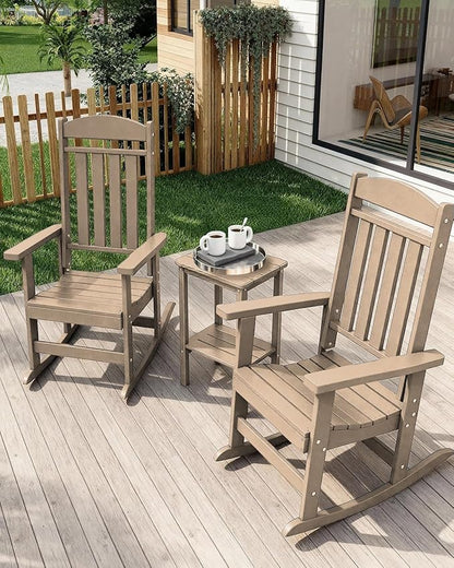 3-Piece Outdoor Rocking Chair Set, Oversized Porch Rocking Chair Set of 2 with Side Table, HDPE High Back Patio Rocking Chair, Suitable for Patio, Porch, Backyard, Brown
