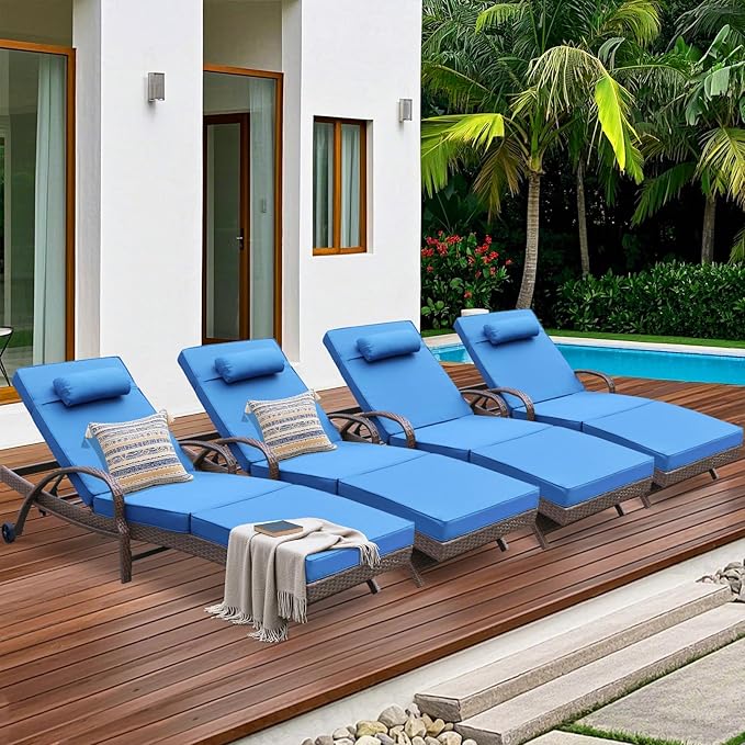 NOBLEMOOD Outdoor Lounge Chairs Set of 4 Beach Wicker Chaise Lounge with Wheels, Cushion, Adjustable Backrest for Outside Pool Sun Shelf Tanning Bathing (Blue)