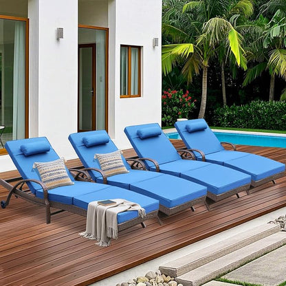 NOBLEMOOD Outdoor Lounge Chairs Set of 4 Beach Wicker Chaise Lounge with Wheels, Cushion, Adjustable Backrest for Outside Pool Sun Shelf Tanning Bathing (Blue)