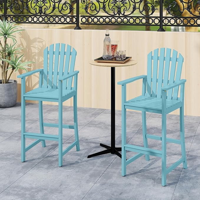 Tangkula Tall Adirondack Chair, Outdoor Acacia Wood Bar Stool with Back, Armrests and Footrest, Bar Height Patio Chair for Balcony, Porch, Deck and Backyard (1,Turquoise)