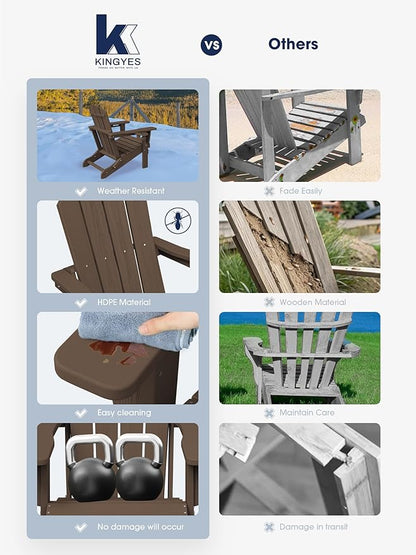 KINGYES Folding Adirondack Chair Set of 4, Dual Cup Holders & All-Weather HDPE, Wood-Like Patio Chair for Backyard, Camping, Pool & Fire Pit, Coffee