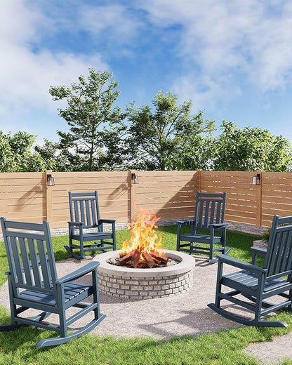 HDPE Rocking Chair Outdoor Set of 2 with Side Table - Poly High Back Porch Rocker Chairs for Adults - All Weather Resistant Furniture for Patio Front Porch - Navy Blue