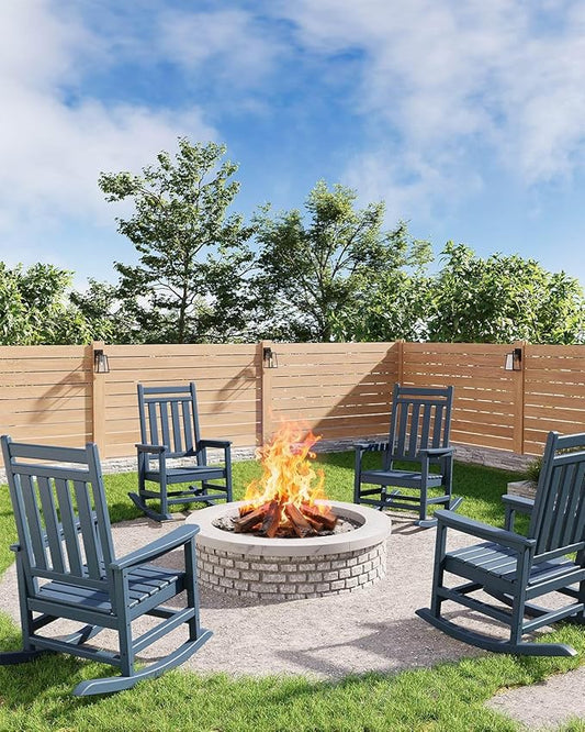 HDPE Rocking Chair Outdoor Set of 4 - Poly High Back Porch Rocker Chairs for Adults - All Weather Resistant Furniture for Patio Front Porch - Navy Blue