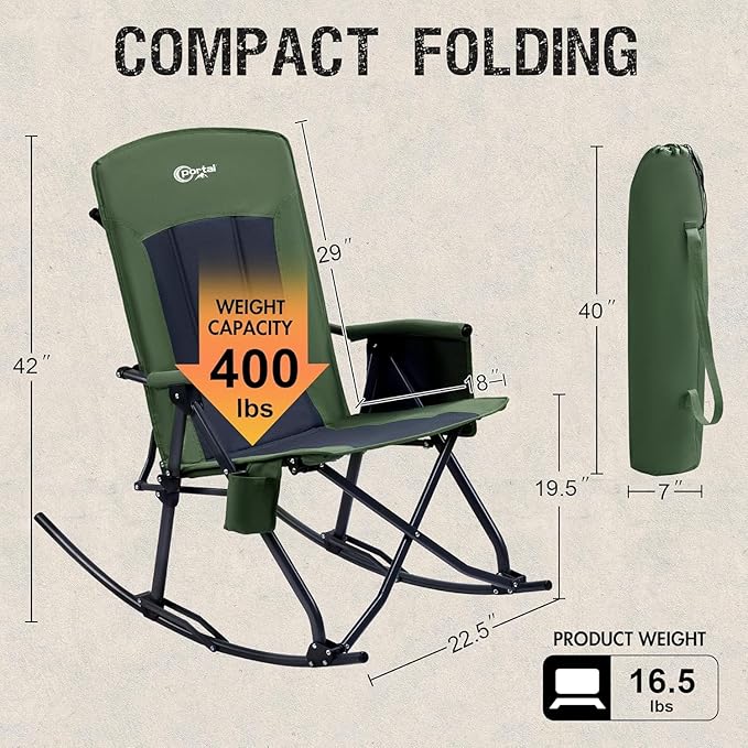 PORTAL Oversized Folding Rocking Camping Chair Portable Outdoor Rocker with High Back Hard Armrests Carry Bag, Supports 400 lbs