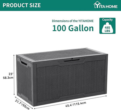 YITAHOME 100 Gallon Large Resin Deck Box Outdoor Storage Boxes for Patio Furniture, Outdoor Cushions, Garden Tools and Pool Supplies-Waterproof,Lockable (Dark grey)